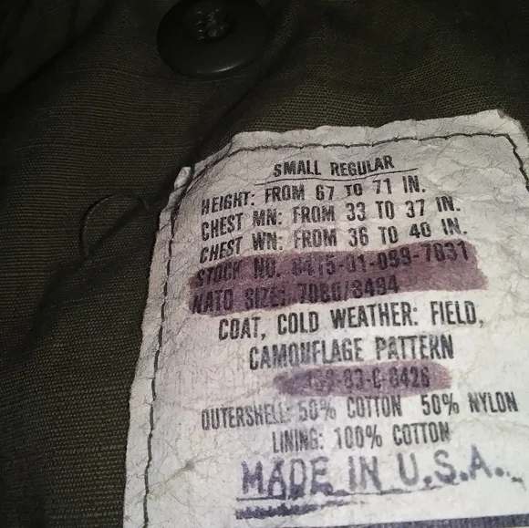 Mens military coat green camo made in the usa by sow-sew inc